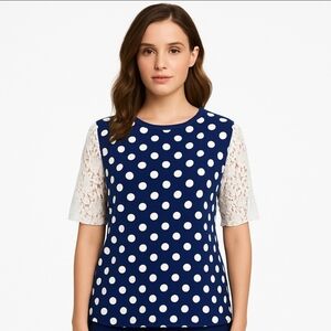 Reborn J Navy Polka Dot Lace Sleeved Womens Blouse size M